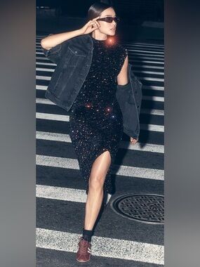 Anthropologie Maya Sequin Mesh Cowl Neck Midi Dress S NWT Ruched Slit Metallic